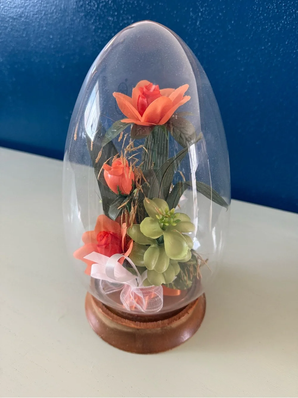 Vintage MCM Silk Orange Flowers Ribbon Wooden Base Glass Dome Arrangement 10.5